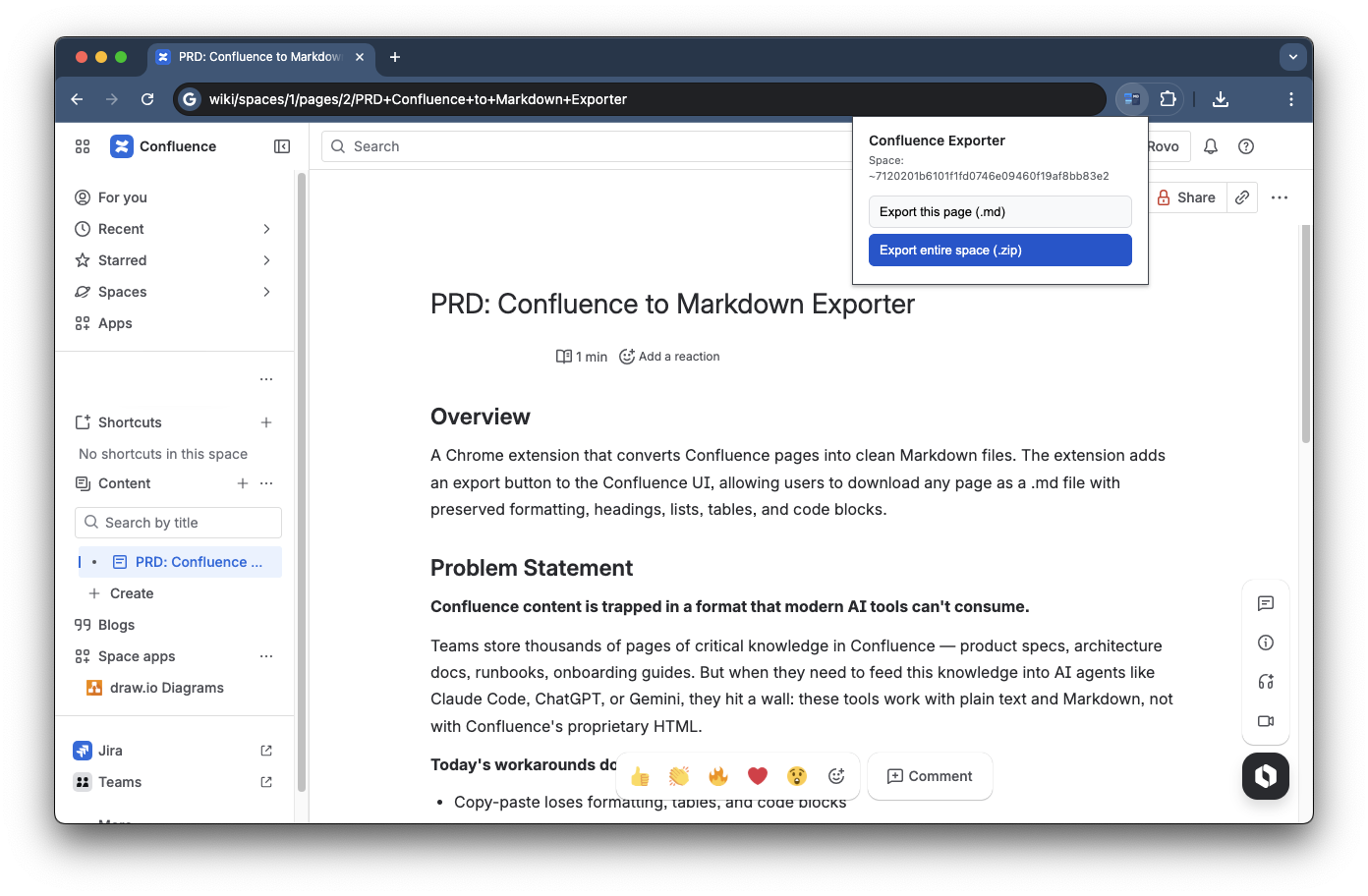 Confluence to Markdown extension popup showing export options on a Confluence page