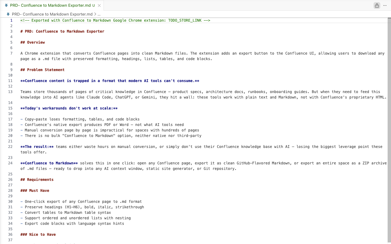 Preview of Confluence page exported to clean Markdown format